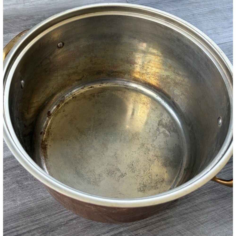 Vintage Copper Stock Pot Stainless Steel Lined Brass Handles 5.75" x 9.5" Patina - Picture 6 of 7